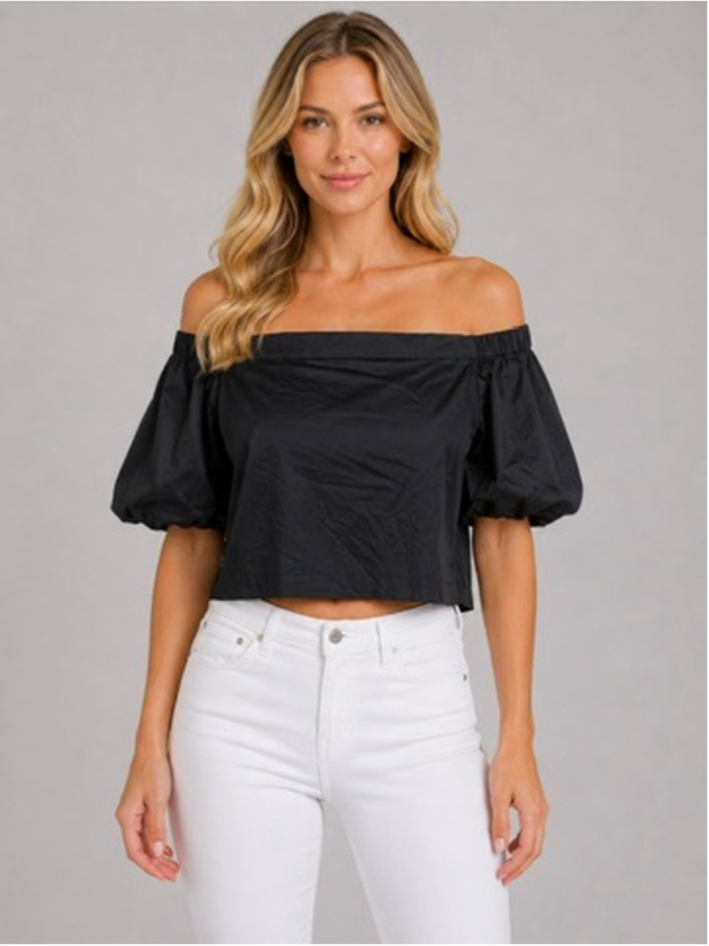 Saks Fifth Avenue Black Off Shoulder Puff Sleeve Blouse Poplin Crop Top Size S
